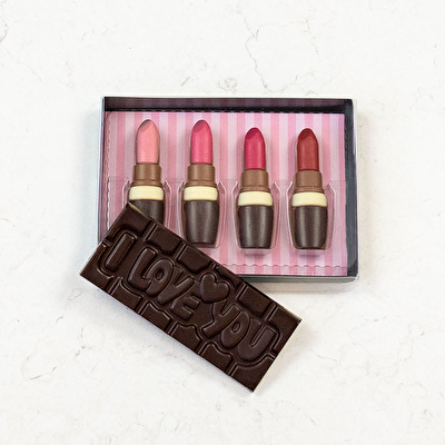 Alla hjärtans dag Kit med Lipstick-choklad & I love you-chokladkaka Chokladogram